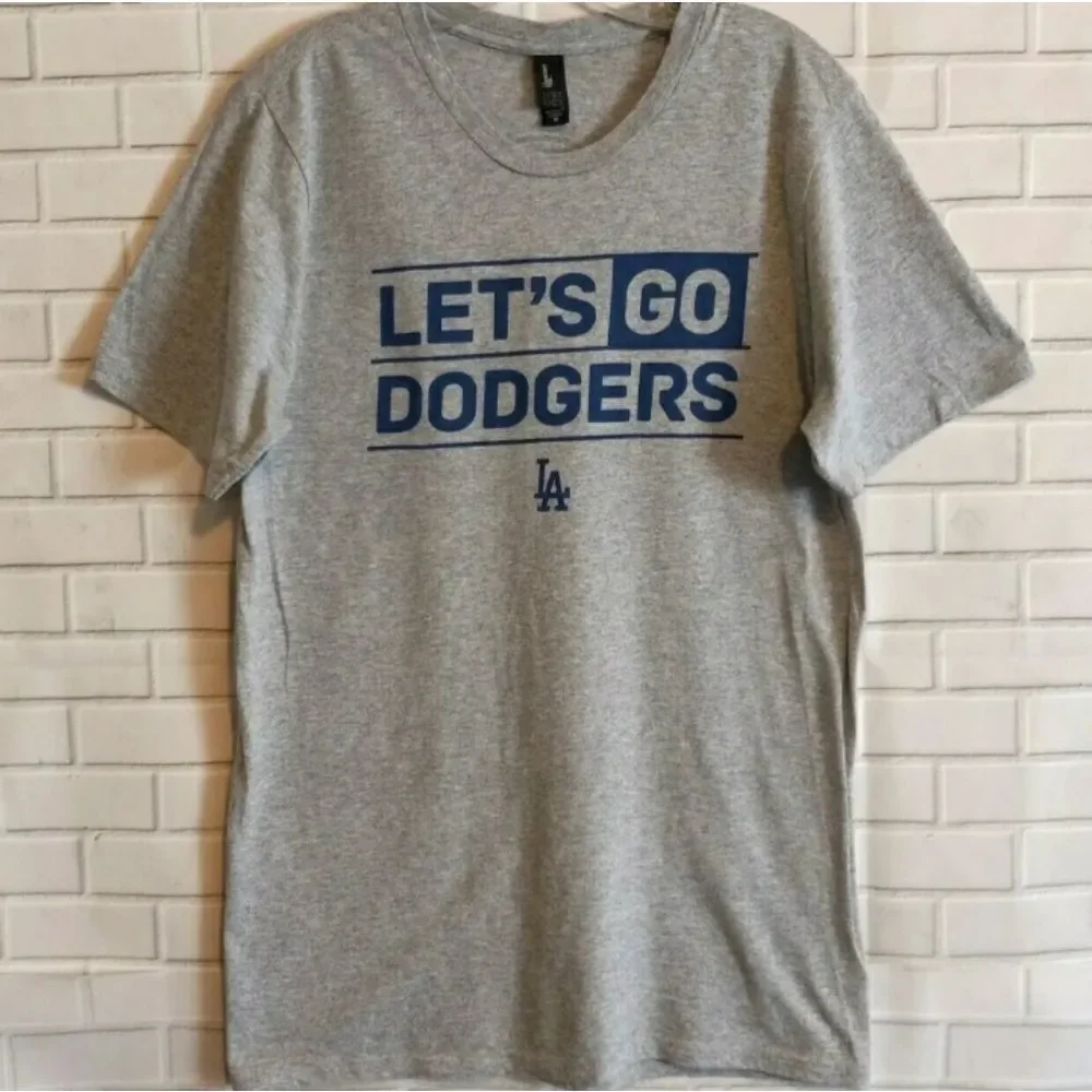 New Los Angeles Let's Go Dodgers Men's Gray Short Sleeve MLB Baseball Shirt M - Picture 1 of 7